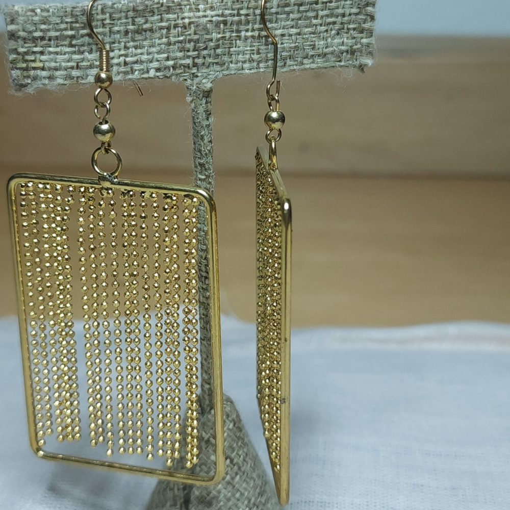 Vintage Gold Tone Dangle Earrings Modernist Beaded Statement